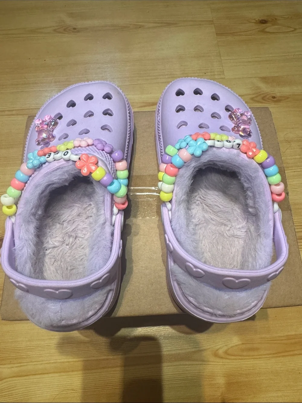 Kids Purple Heart Clogs with Beaded Flower Strap